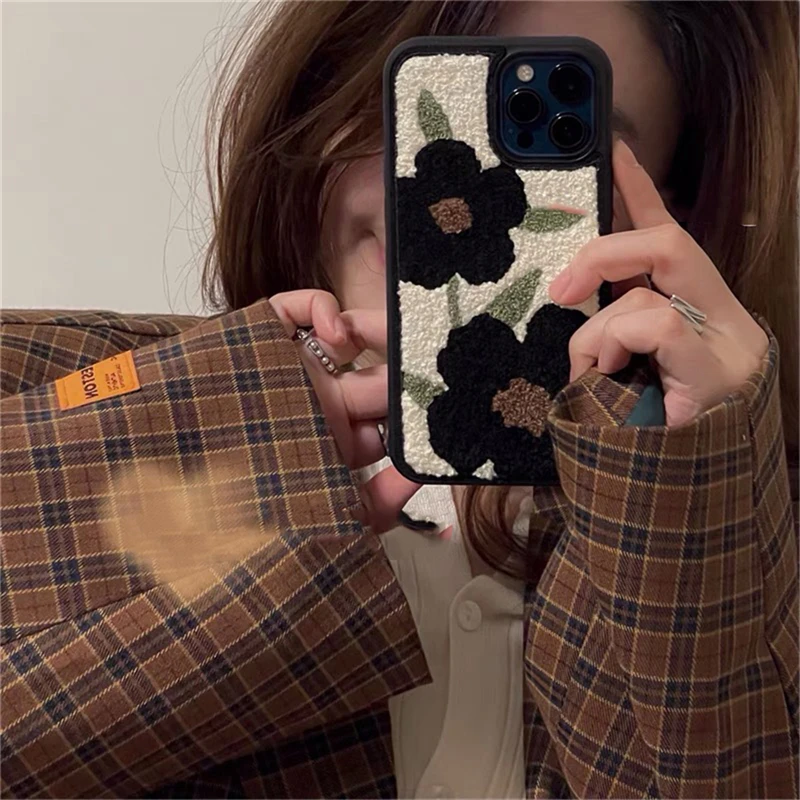 

Aesthetic Fuzzy Plush Flower Phone Case For iPhone 11 12 13 Pro XS Max X XR 7 8 Plus Winter Soft Shockproof Back Cover
