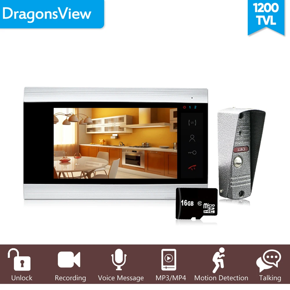 Dragonsview 7 "Bedraad Video-Intercom Systeem Deurtelefoon Opname Bewegingsdetectie 4 Draden Unlock Talking 1 Monitor