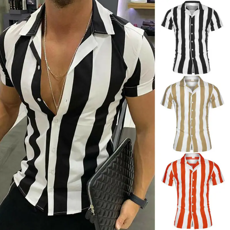 Блузка мужская летняя с широкими полосками коротким рукавом и отложным