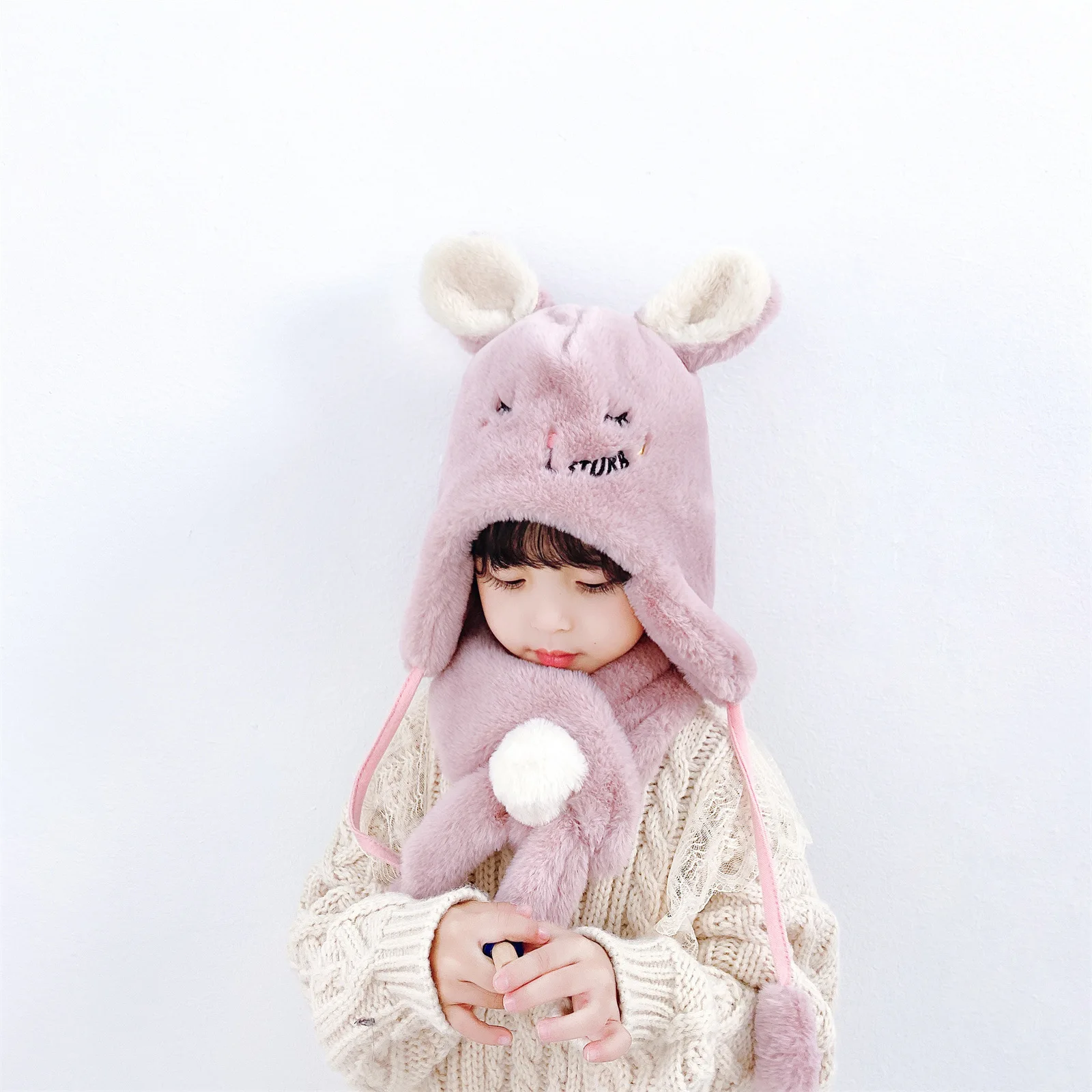 

Winter New Children Cartoon Mimi Rabbit Hat Scarf Two Piece Set Baby Cute Plush Warm Ear Protection Cap Cold