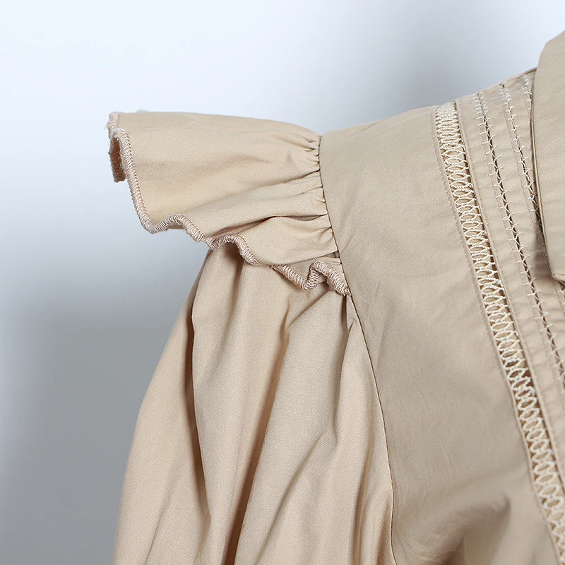 

VGH Lace Ruffle Jumpsuiit For Women Puff Sleeves V Neck Short Sleeves High Waist Belt Wide Leg Shorts Jumpsuits Female 2021 New