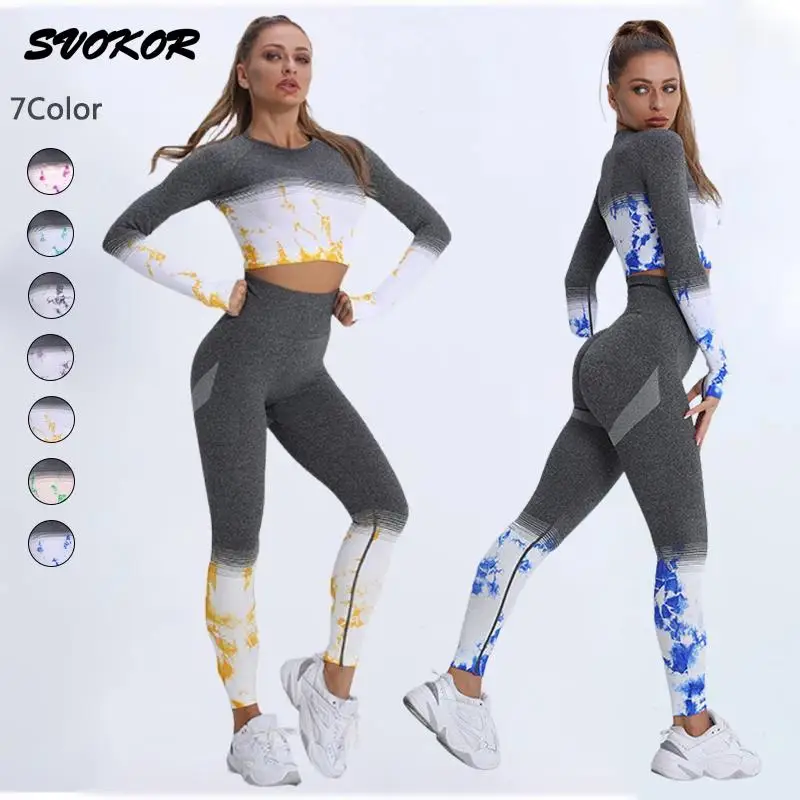 

SVOKOR New Dyeing Yoga Set Women Seamless Sport Sets Women Gym Fitness Clothing Workout Sports Top Stretch Leggings Tracksuit