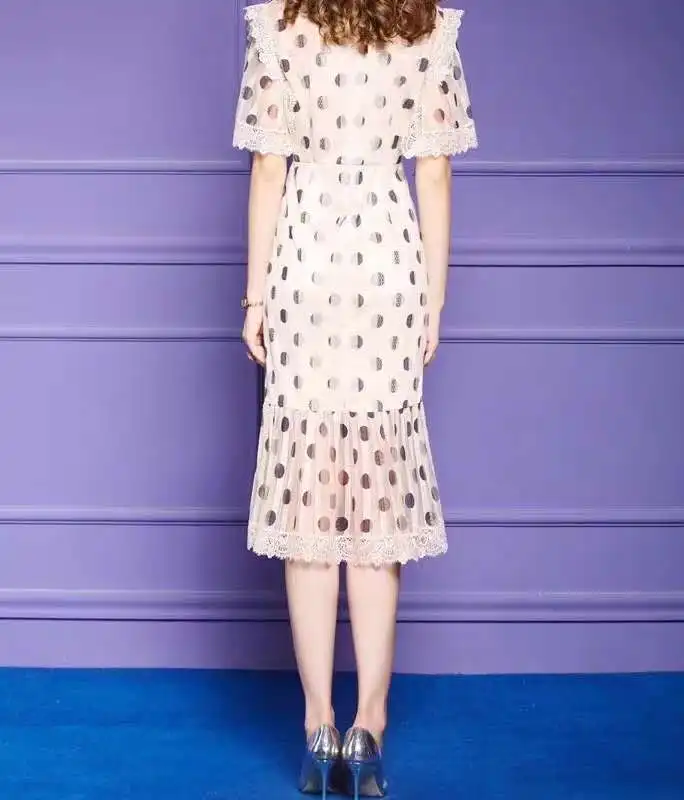 

Vestidos 3XL Dress De Fiesta 2021 Summer Women Polka Dot Print Lace Patchwork Flare Sleeve Midi Party Sexy Mermaid Dresses