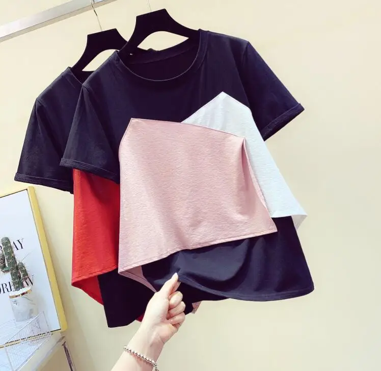 

Women's O Neck Patchwork Color Cotton Short Sleeves T-Shirt Tee 2021 Summer Girls Pullover Casual Tops Tees A2649