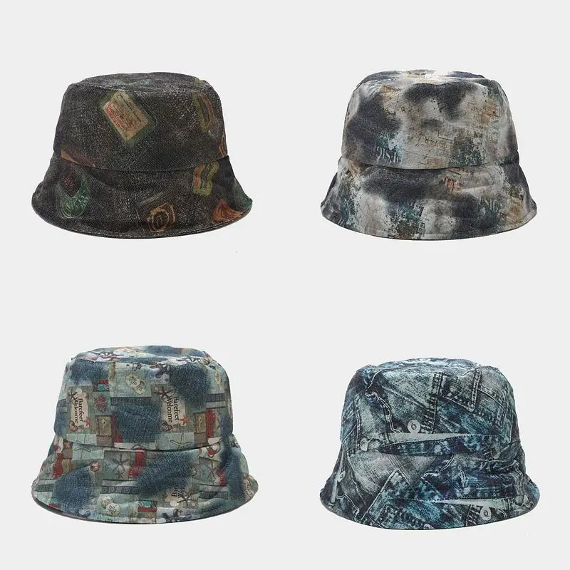

Lartigue Denim Graffiti Fisherman's Hat Bucket Hat Unisex Fashion Bob Caps Hip Hop Men Women Washed Vintage Windproof Bucket Hat