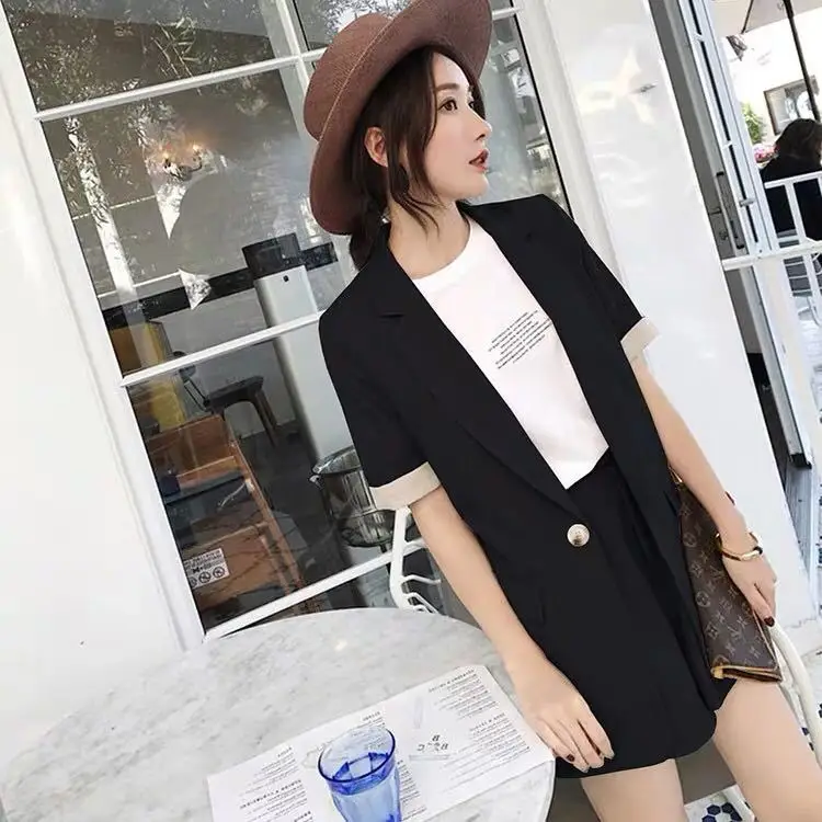 

Lanxirui Women Office Blazer 2 Two Piece Set Sexy Solid Neon Orange Notched Collar Short Blazer Suits Jacket Shorts Suit Set