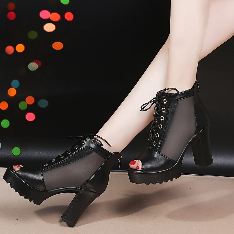 

Black Platform Sandals Female Shoe Cross-Shoes 2021 Women's High Heels All-Match Open Toe Espadrilles Girls Laces New High-heele