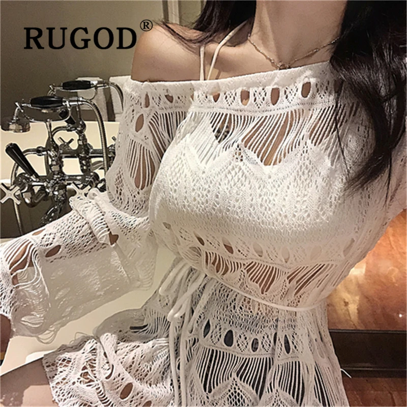 RUGOD элегантная летняя белая открытая женская блузка винтажное платье с открытыми