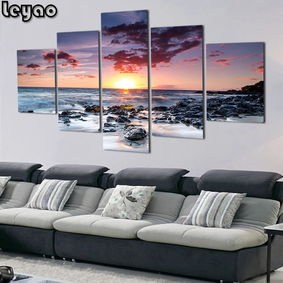 

Набор для алмазной вышивки «сделай сам», 5 панелей, картины с изображением заката и морской пейзажа, вышивка квадратной/круглой формы