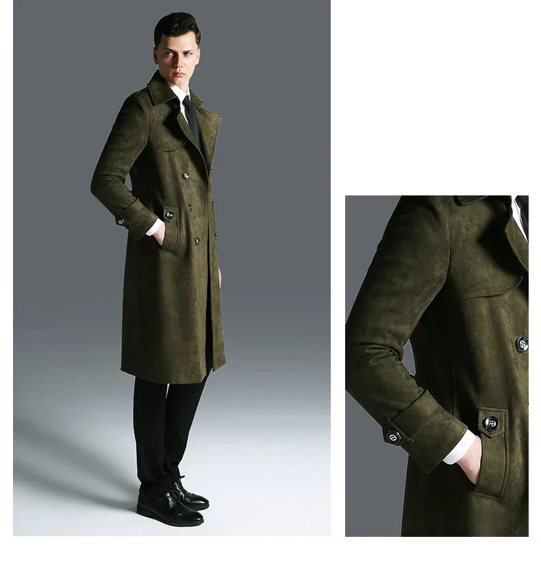 Plus Size Winter Long Jacket Men Suede Windbreaker Mens Black Leather Trench Coat Slim Cloak Male Outerwear Long Coat 5XL 6XL