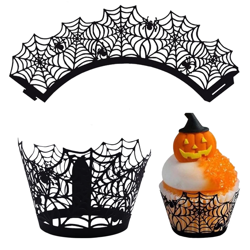 

12pcs Halloween Decoration Laser Cut Cupcake Wrappers Cake Decorating Spider Web Cupcake Wrappers for Halloween Festival Supplie