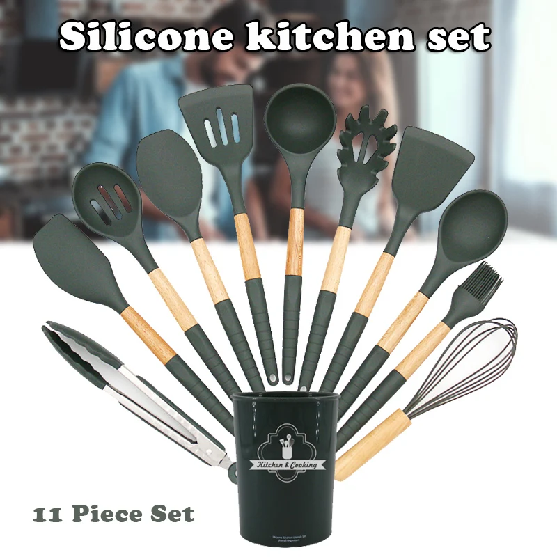 

Kitchen Cooking Utensil 11pcs Silicone Baking Set with Storage Bucket Wooden Tool Non-stick With Hanging Hole Kitchenware Gadget