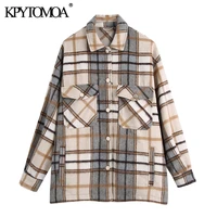 kpytomoa women 2021 fashion with pockets oversized check jacket coat vintage long sleeve loose female outerwear chic overshirt