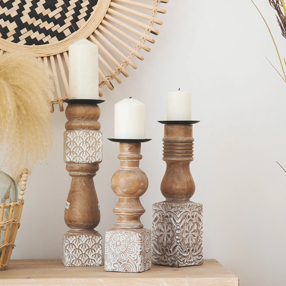 

Hand Carved Wooden Candle Holder Pillar Stick Shabby Rustic Vintage Church Home Decor