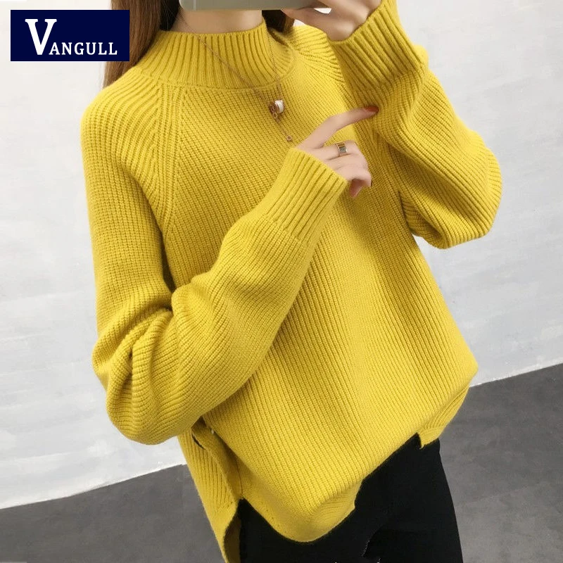 

Vangull Solid Mock Neck Women Sweater Long Sleeve Korean Loose Warm Knitted Pullovers 2021 Winter New Hem Slit Female Jumpers