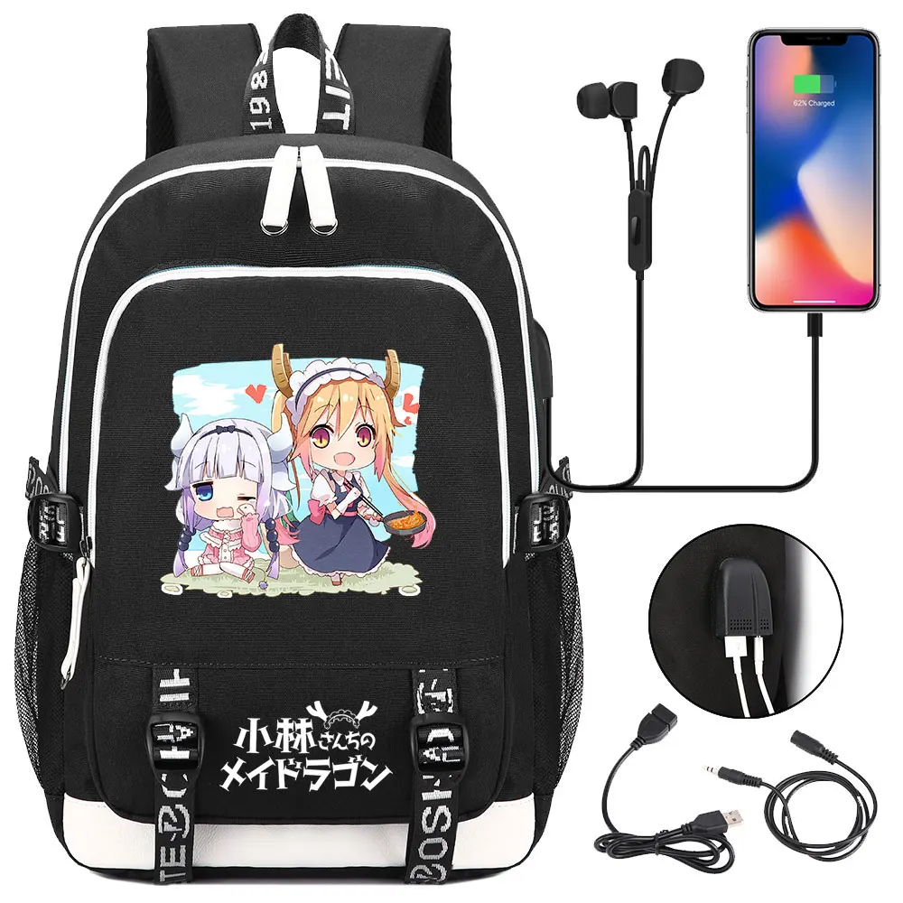

New Anime Miss Kobayashi's Dragon Maid Prints USB Boy Girl Kids Book School Bags Teenagers Student Women Men Laptop Backpack