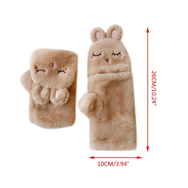 

Women Men Winter Fluffy Plush Half Finger Gloves Cartoon Animal Embroidery Ears Convertible Flip Top Fingerless Mittens