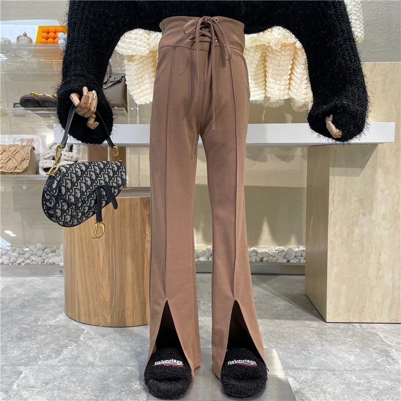 

New Cross Strap High Waist Slim Personalized Split Pants Versatile Loose Hanging Feeling Long Leg Straight Floor Mops Trousers