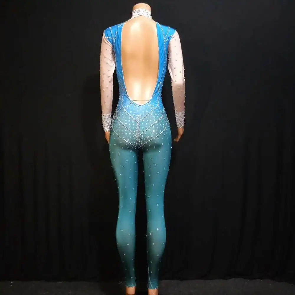 

Fashion Female Bule Rhinestone Skinny Long Sleeves Jumpsuits Women Nightclub Slim Hollow Out Pole Dance Performance Costumes