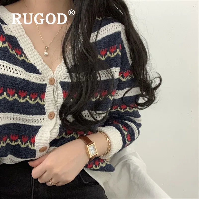 Женский ажурный кардиган RUGOD однобортный вязаный свитер с v-образным вырезом и