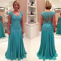 sexy v neck long turquoise lace mother of the bride dress plus size chiffon a line sheer back formal women prom party vestidos