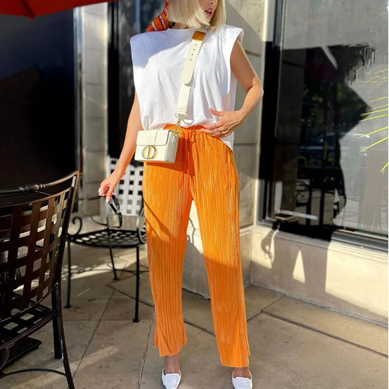 

MINGLIUSILI Осенняя мода 2021 новые уличные брюки Женские однотонные брюки со складками женские универсальные Свободные повседневные брюки с высо...