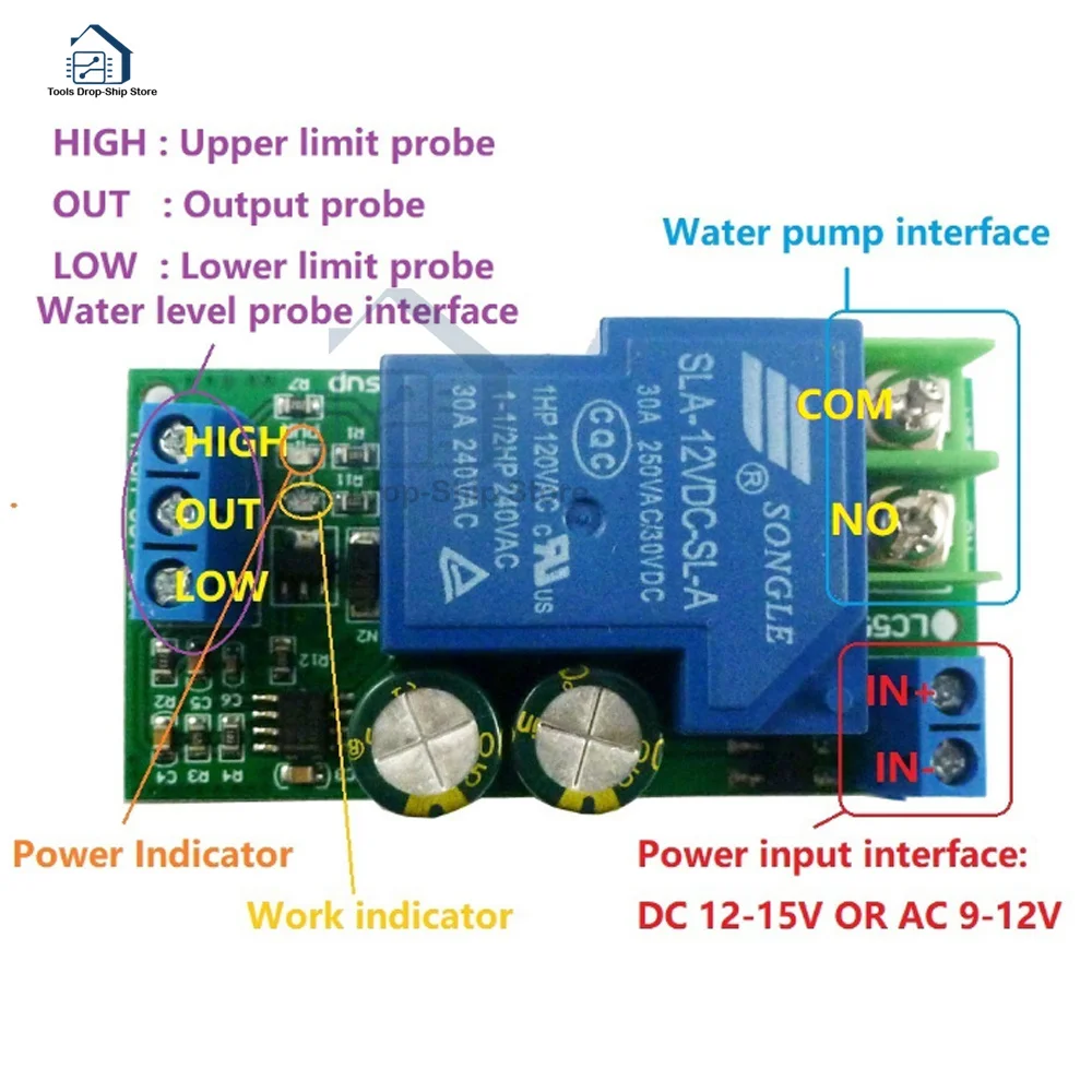 30A High Power 12V Water Level Automatic Controller Liquid Sensor Switch Solenoid valve Motor Pump automatic control Relay Board |