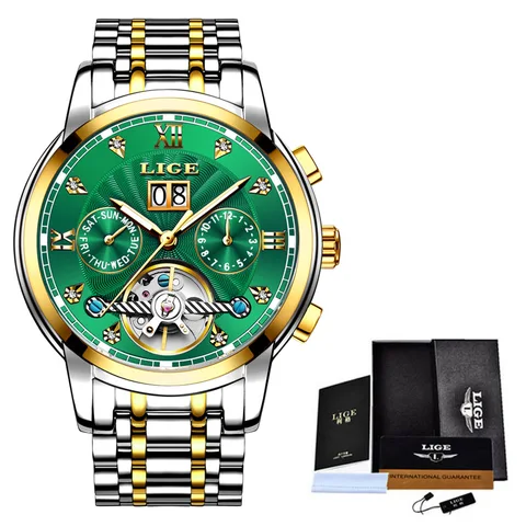 Reloj de negocios LIGE, reloj Tourbillon mecánico automático para hombre, relojes deportivos de acero inoxidable a la moda de lujo, reloj Masculino