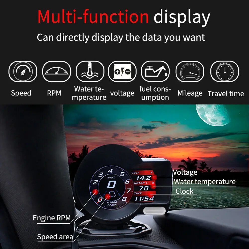 Универсальный Профессиональный HUD цифровой дисплей Автомобильный OBD Boost Gauge Напряжение Спидометр температура воды сигнализация диагностический инструмент