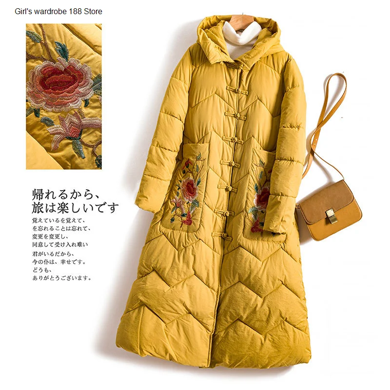 

Женское длинное хлопковое Стеганое пальто с капюшоном и вышивкой