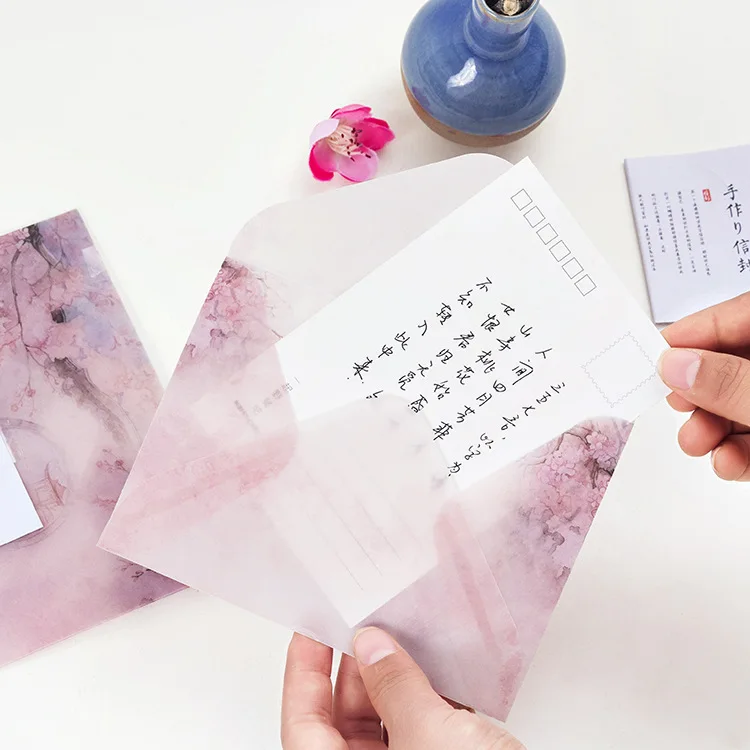 Coloffice 3PCs Envelops+ 4PCs Sealing stickers Sakura Handmade Sulfuric Acid Paper Envelope Thanksgiving Gifts Girl Stationery | Канцтовары