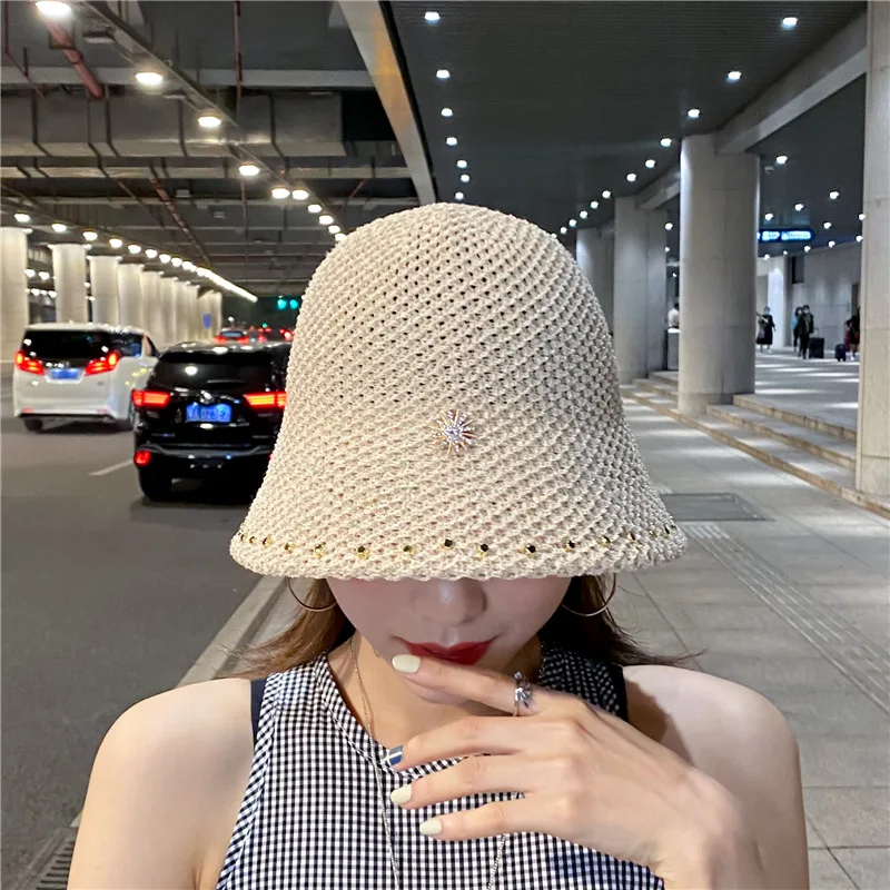 

Summer Fashion Women's Fisherman's Hat Foldable Knitting Bucket Hat 2021 New Autumn Big Brim Hand Hook Made Breathable Basin Hat