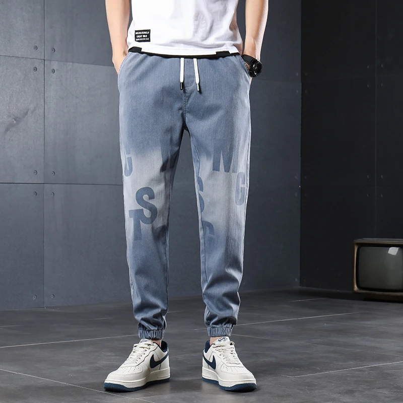 

Мужские джинсы с эластичным поясом, эластичные хлопковые джоггеры из денима, повседневные брюки-султанки в стиле хип-хоп, весна-осень 2022