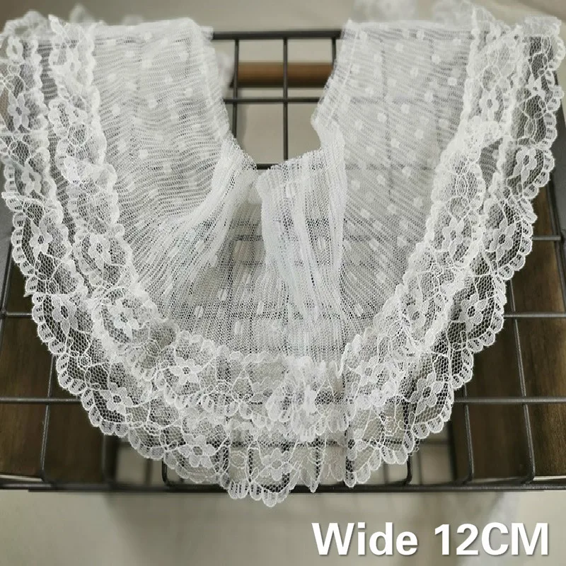 

12CM Wide Double Layers Tulle Guipure Lace Applique Flowers Embroidery Ribbon Elastic Ruffle Trim Collar Dresses Sewing Supplies