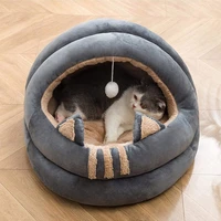 cat ear shaped cute puppy kitten fleece cozy nest kennel with pompom winter warm soft sleeping bed cushion house for dog cat