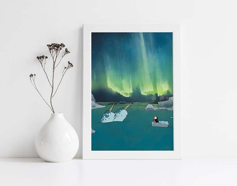 Художественная печать Aurora Borealis арктические животные нарвалы и пуфины Северное