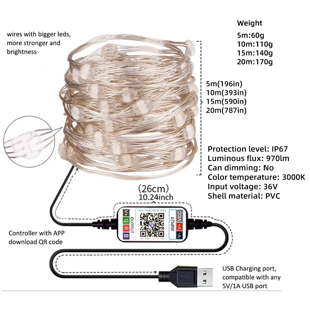 

USB LED String Light Bluetooth App Control String Lights Lamp Waterproof Outdoor Fairy Lights For Christmas Tree Decoration