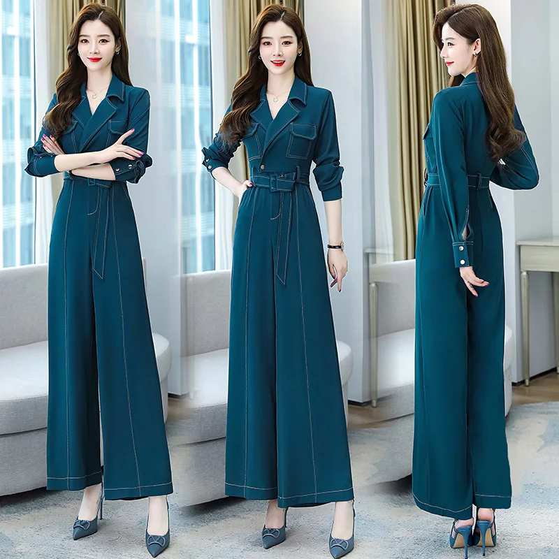 Женский полосатый комбинезон Длинный свободный с отложным воротником и длинными