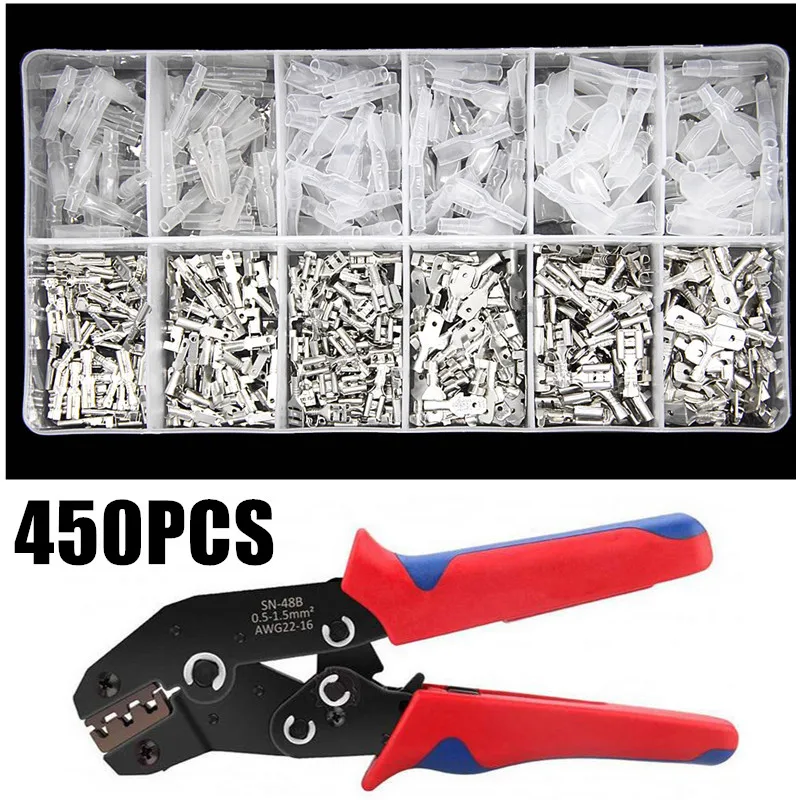 

SN-48B crimping pliers 0.25-1.5mm2 23-16AWG with 450Pcs 2.8 4.8 6.3mm terminal box Car connector wire electrician tools