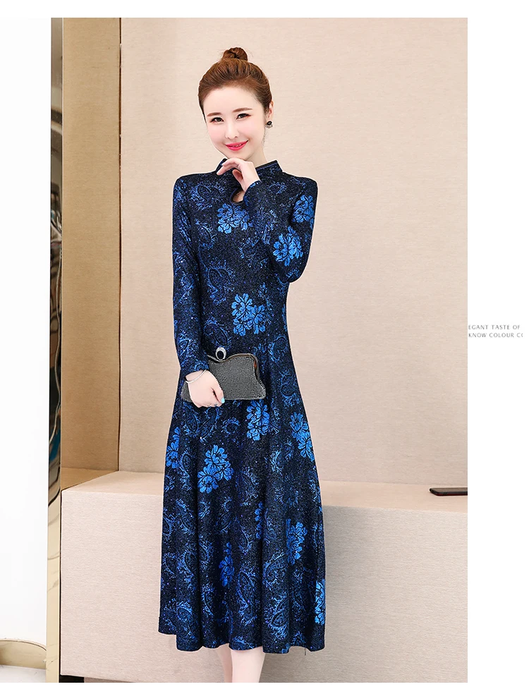 Осень Зима Новое поступление размера плюс M-3XL Ретро Cheongsam стоячий воротник жаккард длинный рукав женское длинное платье