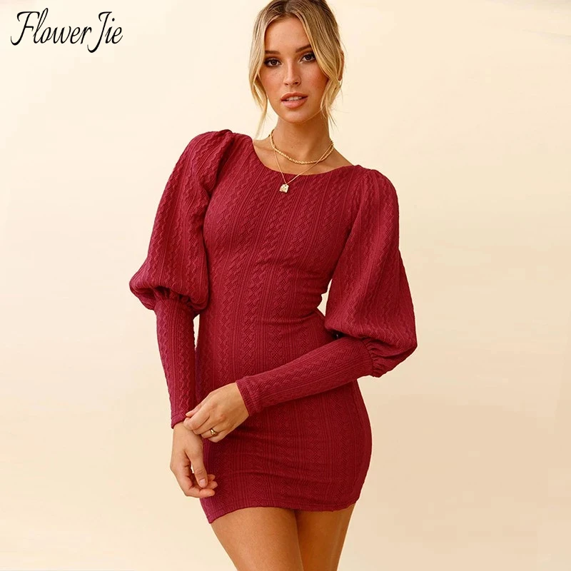 

Flower Jie Knitted Sexy Dress Women 2021 Autumn Winter Warm Mini Vestidos Casual Bodycon Long Sleeve Slim Spring Dresses Ladies