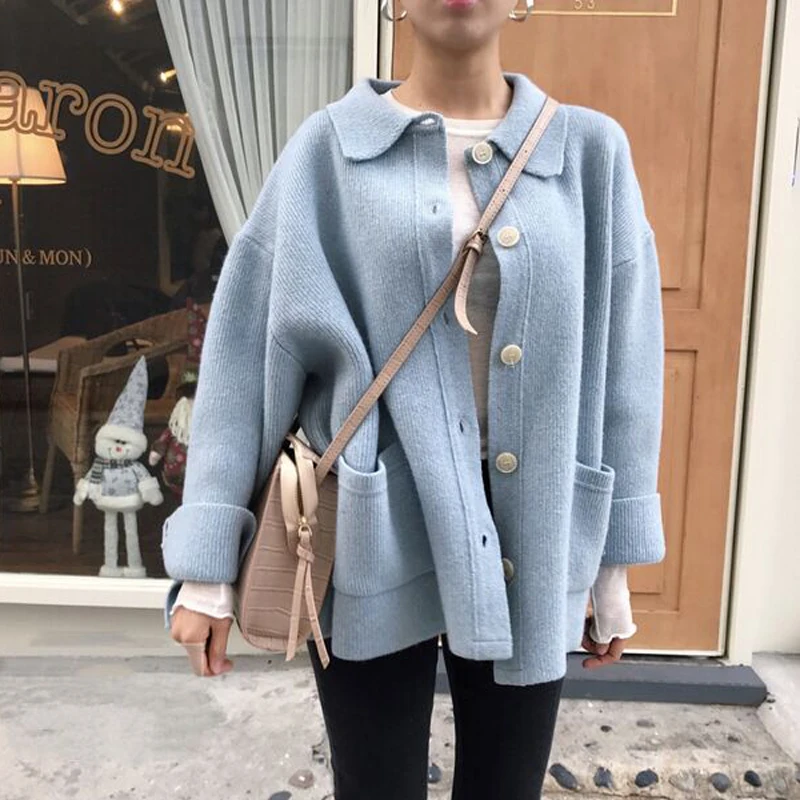 

Женский вязаный свитер в Корейском стиле, осеннее пальто с длинным рукавом, Повседневный Кардиган-поло на пуговицах, верхняя одежда оверсай...