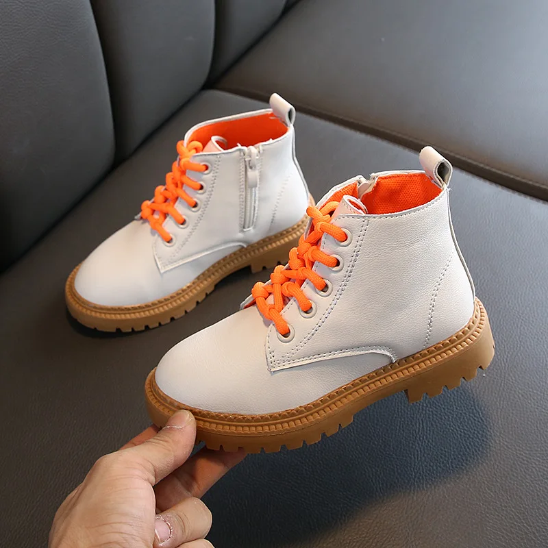 Белые кожаные детские ботинки Martin Осенняя обувь для мальчиков водонепроницаемая