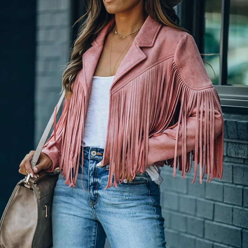 

Faux Suede Tassel Jacket Womens Vintage Lapel Long Sleeve Fringe Cropped Hippie Motor Biker Cardigan Outwears