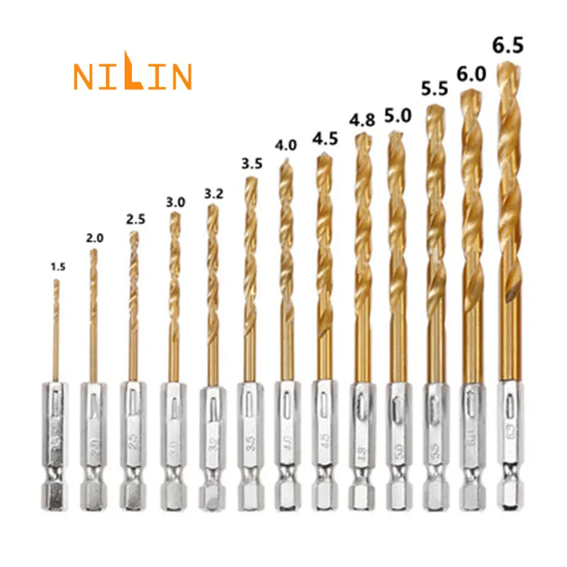 

13pcs Hexagonal Shank Twist Drill Bit Electric Drill High Speed Steel Perforating Twist Drill Set Wood Plastic Titanium Plated