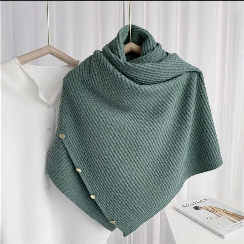 

New Knitted Shawl Women's Versatile Solid Scarf Imitation Cashmere Korean Dual Purpose Metal Buckle Wool Cape Collar