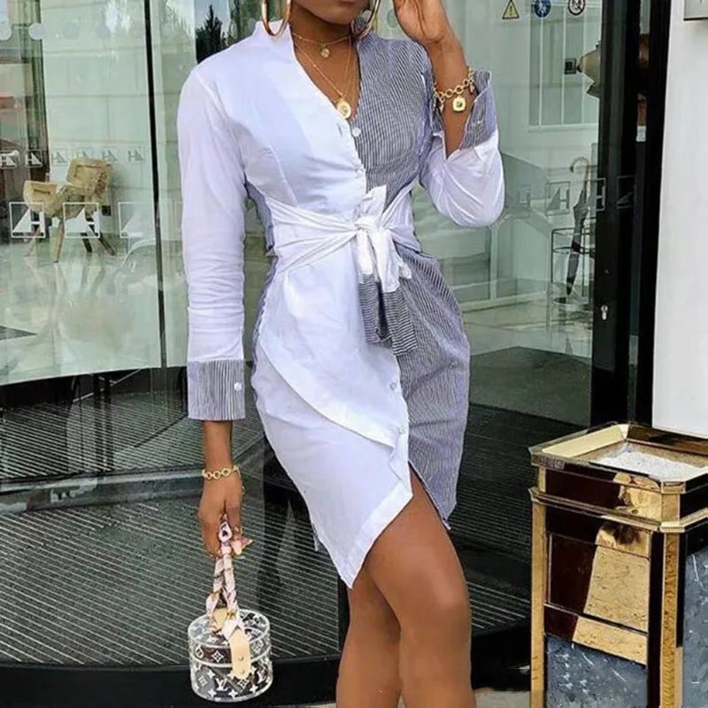 

2021 new cardigan long-sleeved temperament commuter single-breasted stripe contrast white women's long dress shirt