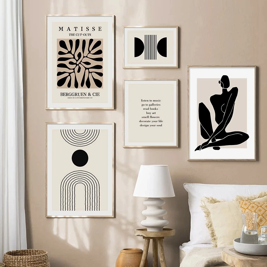 

Abstract Matisse Body Line Art Leaf Boho Posters Black Beige Canvas Paintings Wall Print Picture Living Room Interior Home Decor
