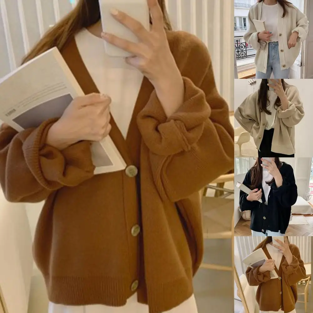 

Single-Breasted Long Sleeve Sweater Cardigan Autumn Winter Solid Color Warm Knitted Coat Lady Knitwear