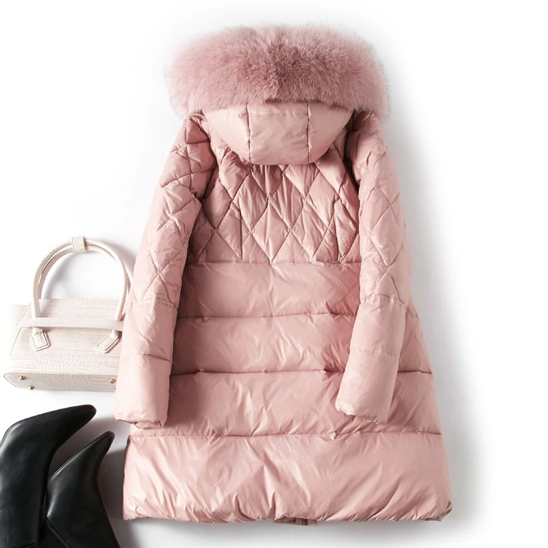 Женский зимний пуховик с капюшоном розовая длинная парка натуральным лисьим